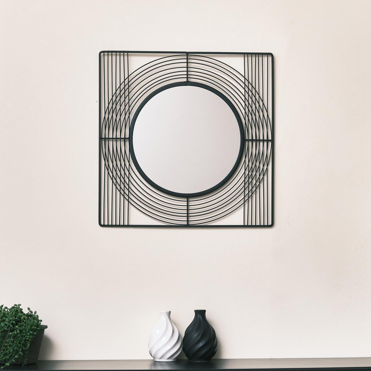 Black Wire Square Framed Round Wall Mirror 35cm X 35cm - image 1