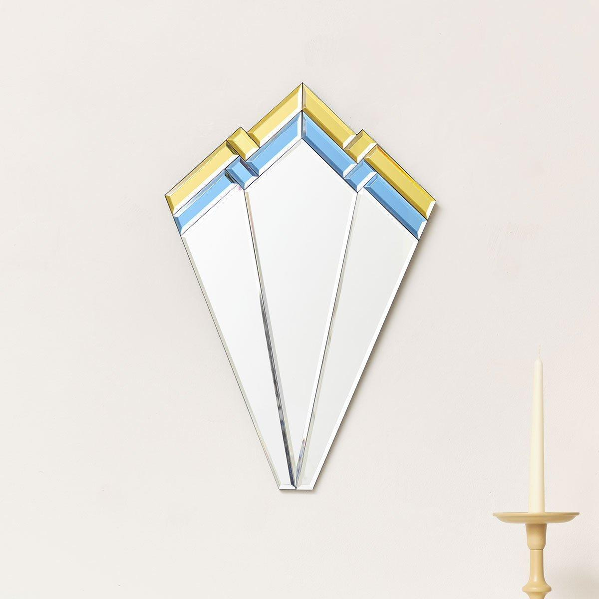 Blue & Yellow Glass Art Deco Fan Wall Mirror 60cm X 40cm - image 1