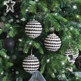 Set Of 3 Round Black & White Stripe Rope Christmas Tree Baubles - 8cm