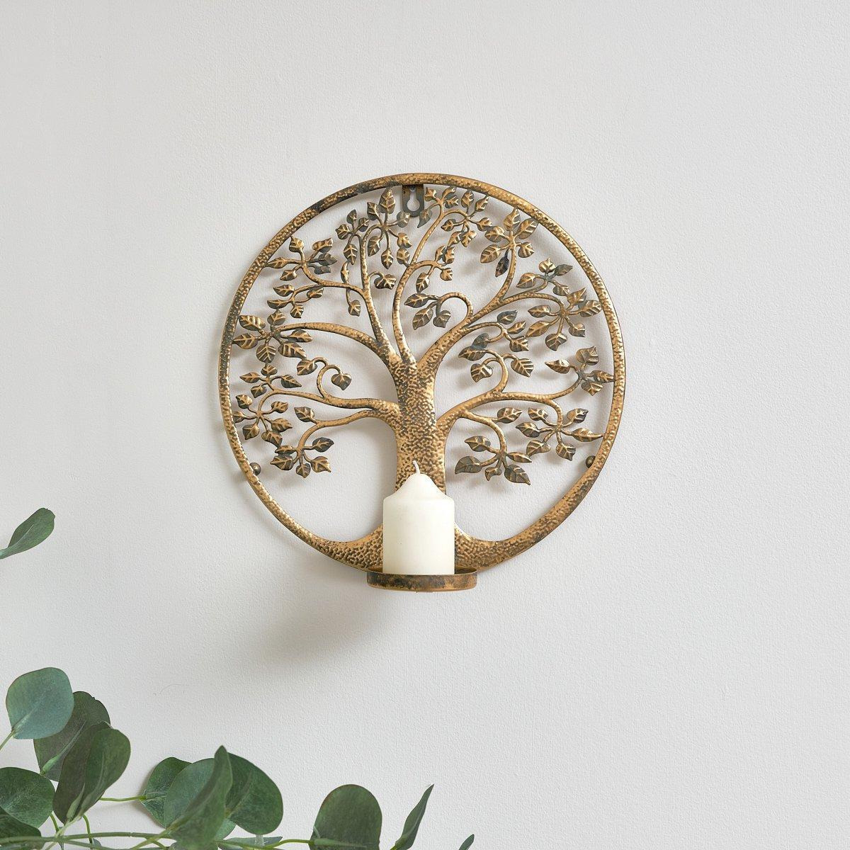 Round Antique Gold Tree Of Life Candle Wall Sconce - image 1