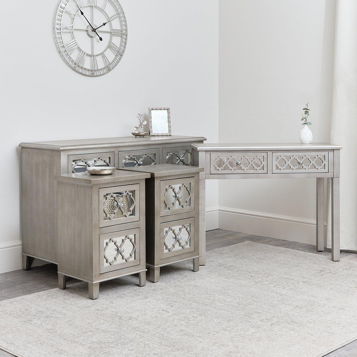 7 Drawer Chest Of Drawers, Console Table & Pair Of Bedsides - Sabrina Silver Range - image 1