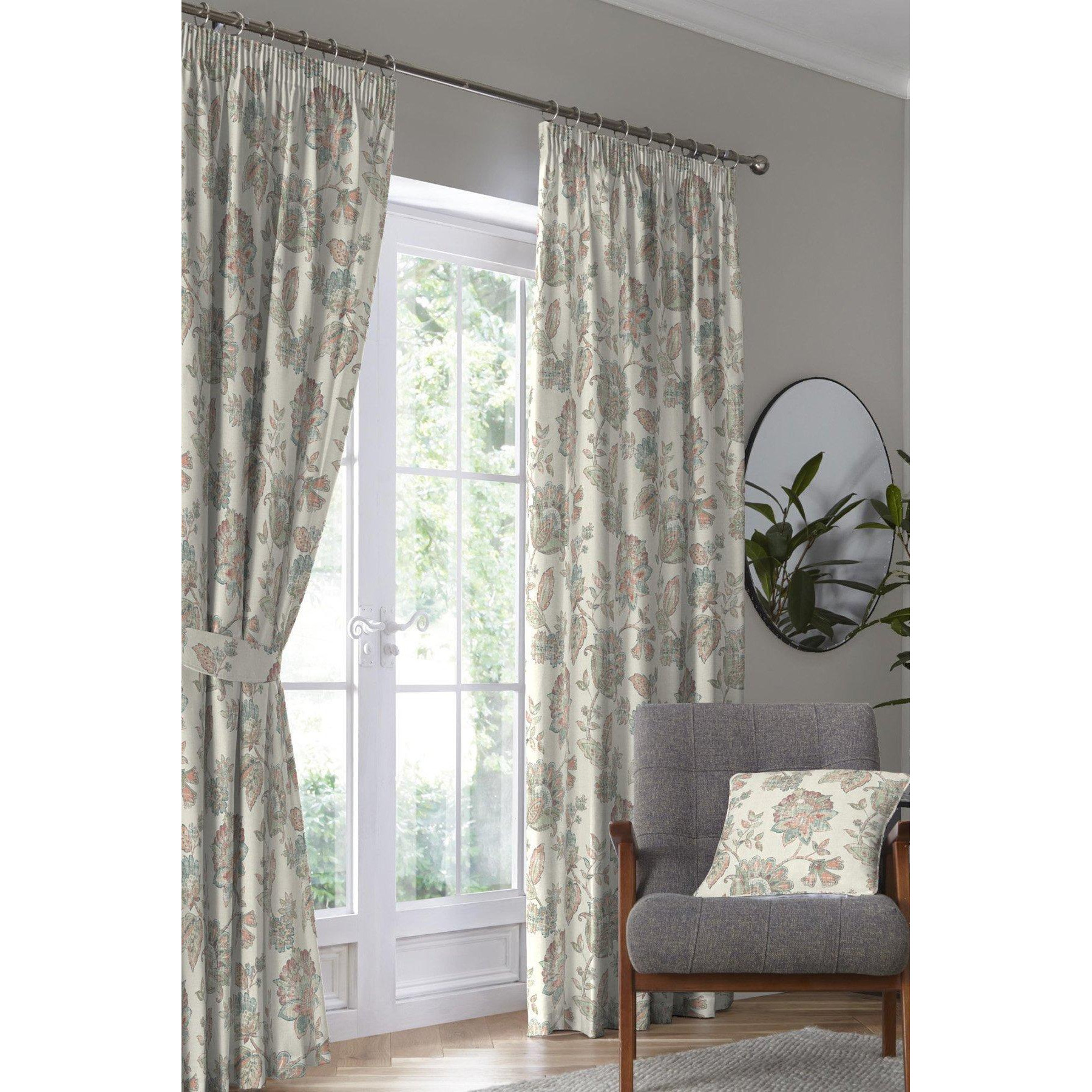 'Indira' 100% Cotton Floral Print Pair of Pencil Pleat Curtains With Tie-Backs - image 1