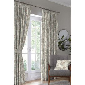 'Indira' 100% Cotton Floral Print Pair of Pencil Pleat Curtains With Tie-Backs - thumbnail 1