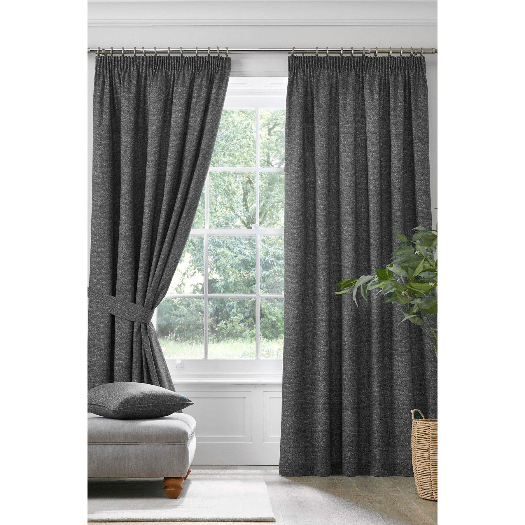 'Pembrey' Textured Pair of Pencil Pleat Curtains With Tie-Backs - image 1