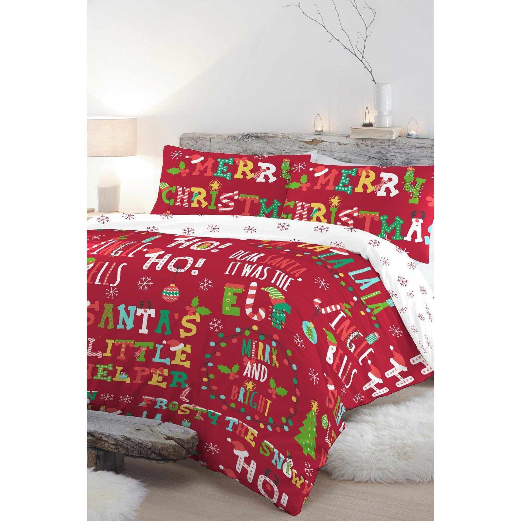 'Santa's Little Helper' Text Crazy Festive Print Duvet Cover Set - image 1