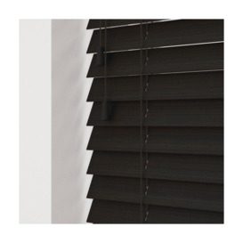 Dark Walnut 50mm Fine Grain Slatted Faux Wood Venetian Blinds with Strings 130cm Drop