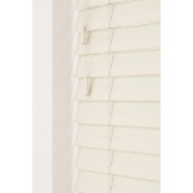 Misty White 50mm Fine Grain Slatted Faux Wood Venetian Blinds with Strings 130cm Drop