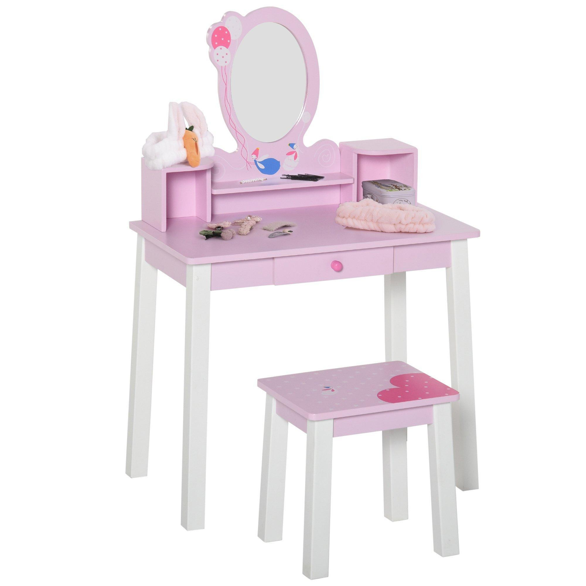 Kids Wooden Dressing Table with Stool Mirror Table and Desk Set Toys Pink - image 1