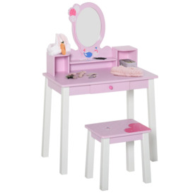 Kids Wooden Dressing Table with Stool Mirror Table and Desk Set Toys Pink