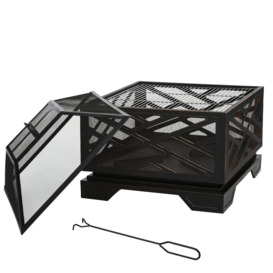 66cm Square Fire Pit Patio Metal Brazier w/ Grill Net Cover Poker - thumbnail 1