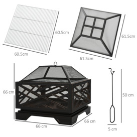 66cm Square Fire Pit Patio Metal Brazier w/ Grill Net Cover Poker - thumbnail 3