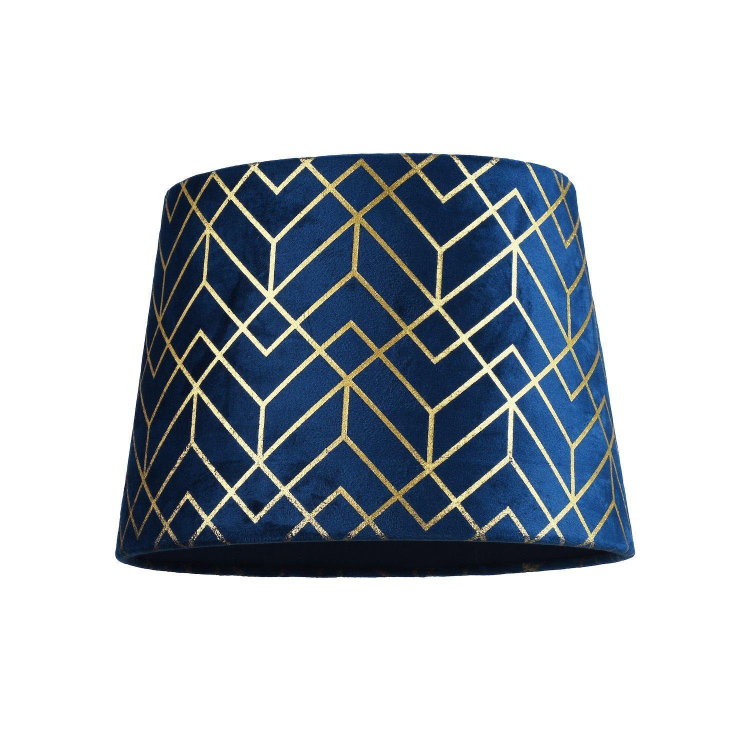 Navy Blue Velvet Lamp Shade with Geometric Design in Metallic Gold Foil Lines - image 1