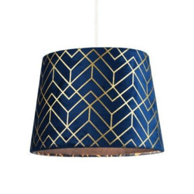 Navy Blue Velvet Lamp Shade with Geometric Design in Metallic Gold Foil Lines - thumbnail 2