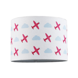 Childs Linen Fabric Drum Lamp Shade with Red Planes and Blue Clouds with Lining