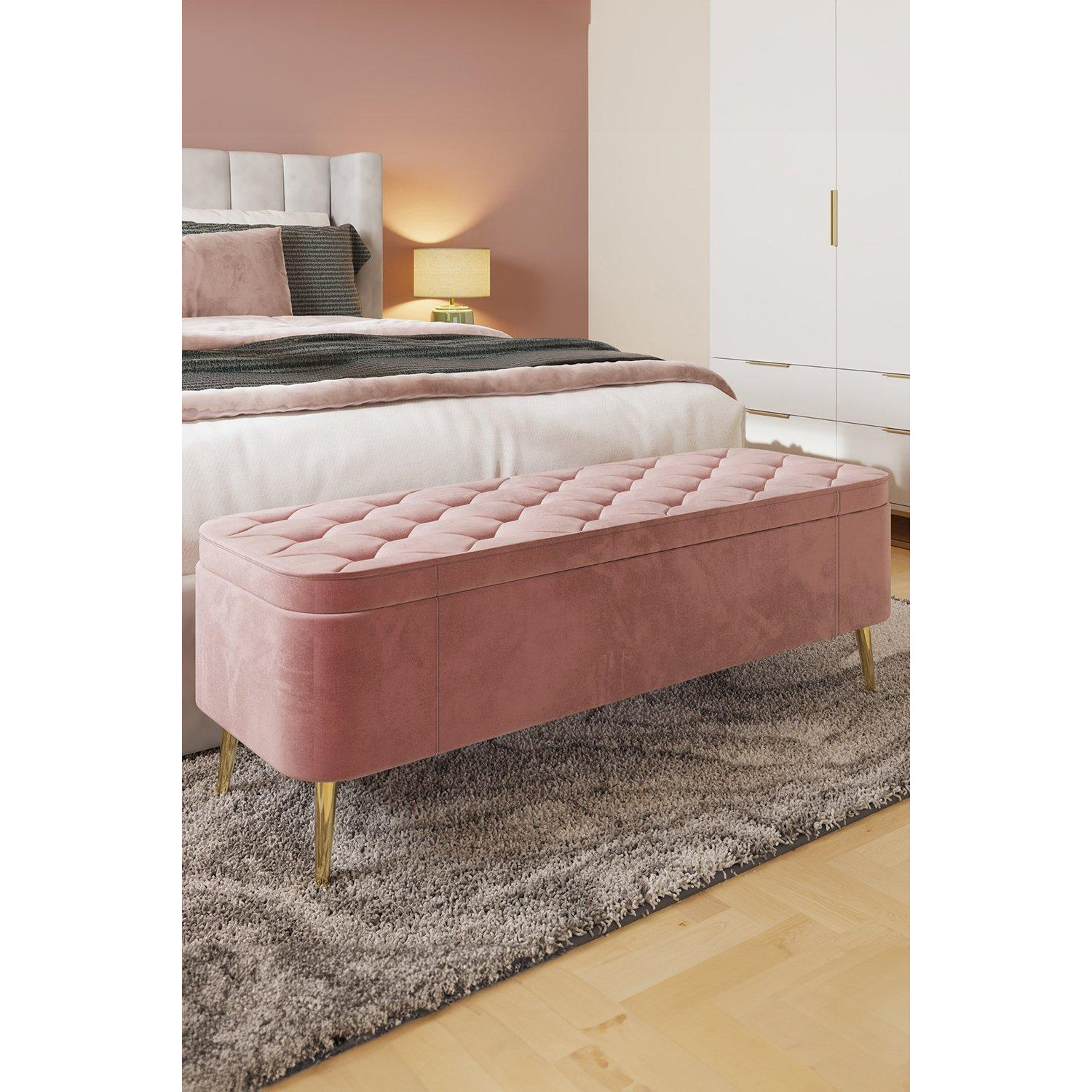 Pink Velvet Ottoman Bench With Brass Style Legs