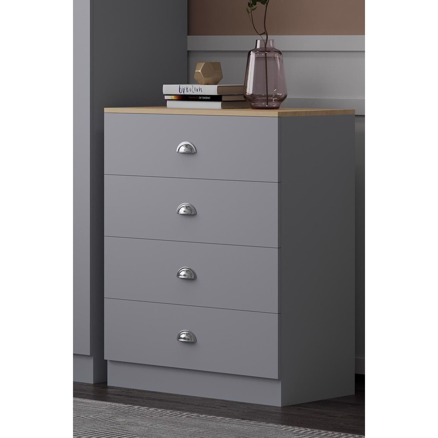 4 Drawer Chest Of Drawers Matt Grey Finish With Oak Top - image 1
