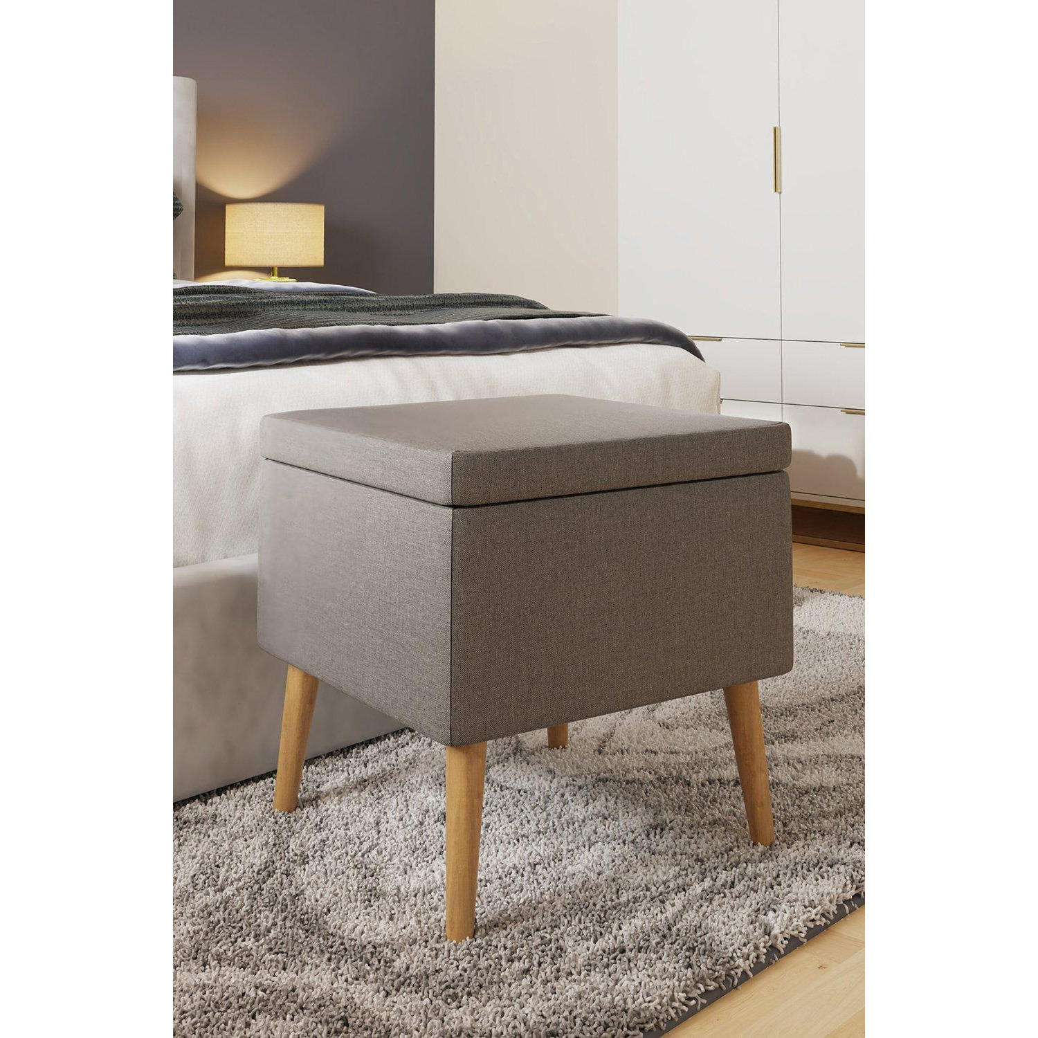 Grey Linen Ottoman Footstool Storage Seat With Solid Wooden Legs - image 1