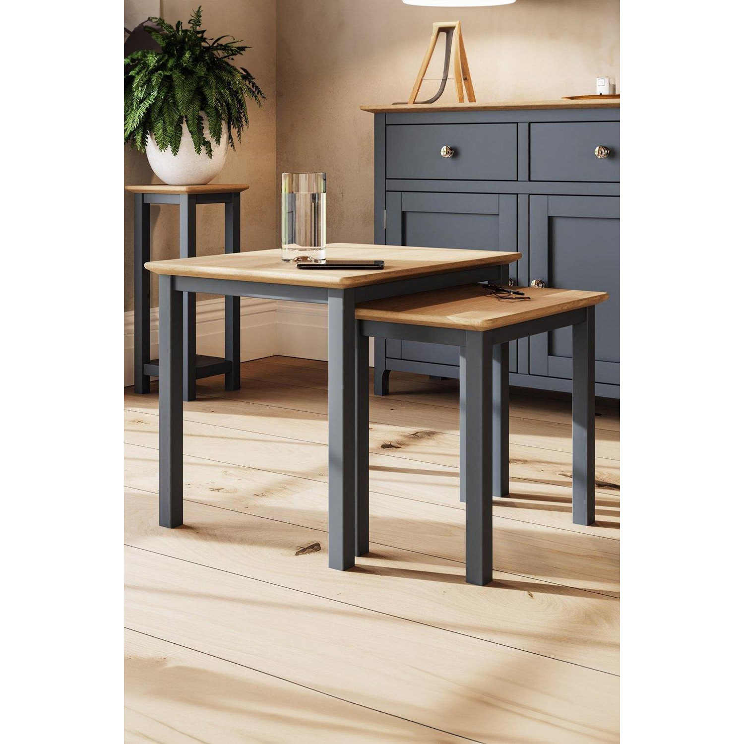 Solid Oak Nest Of 2 Tables Graphite Blue Ready Assembled - image 1