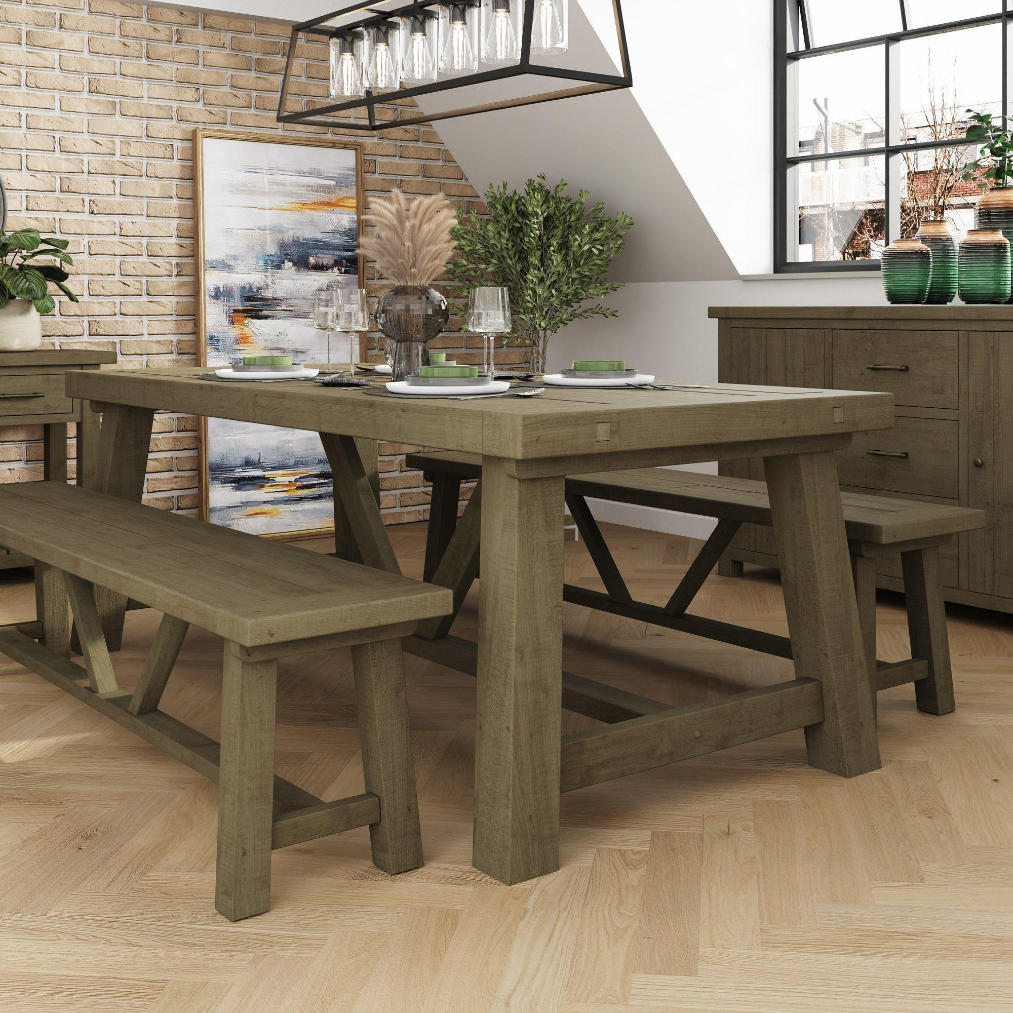 1.6m Fixed Solid Reclaimed Pine Dining Table With 6 Solid Pine Chairs & Extension Leaf - image 1