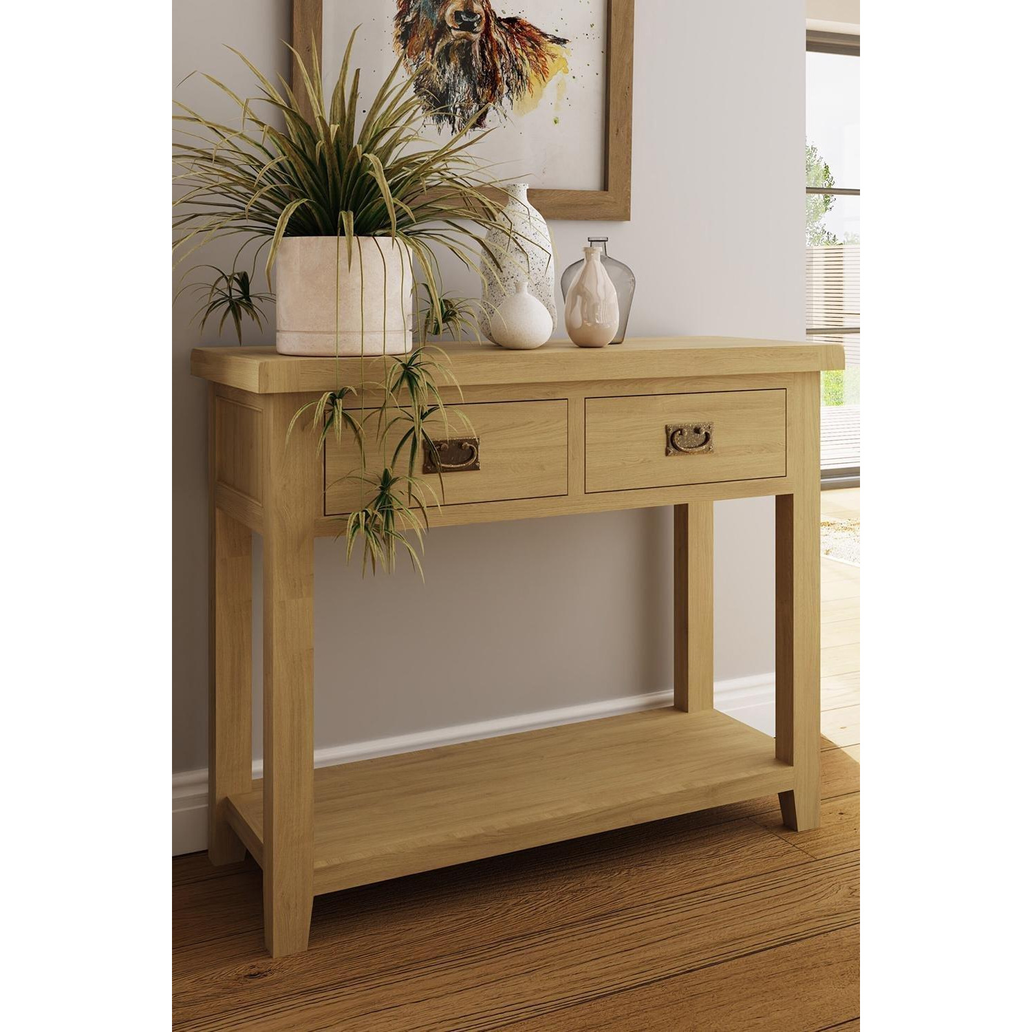 Solid Natural Oak 2 Drawer Console Table - image 1