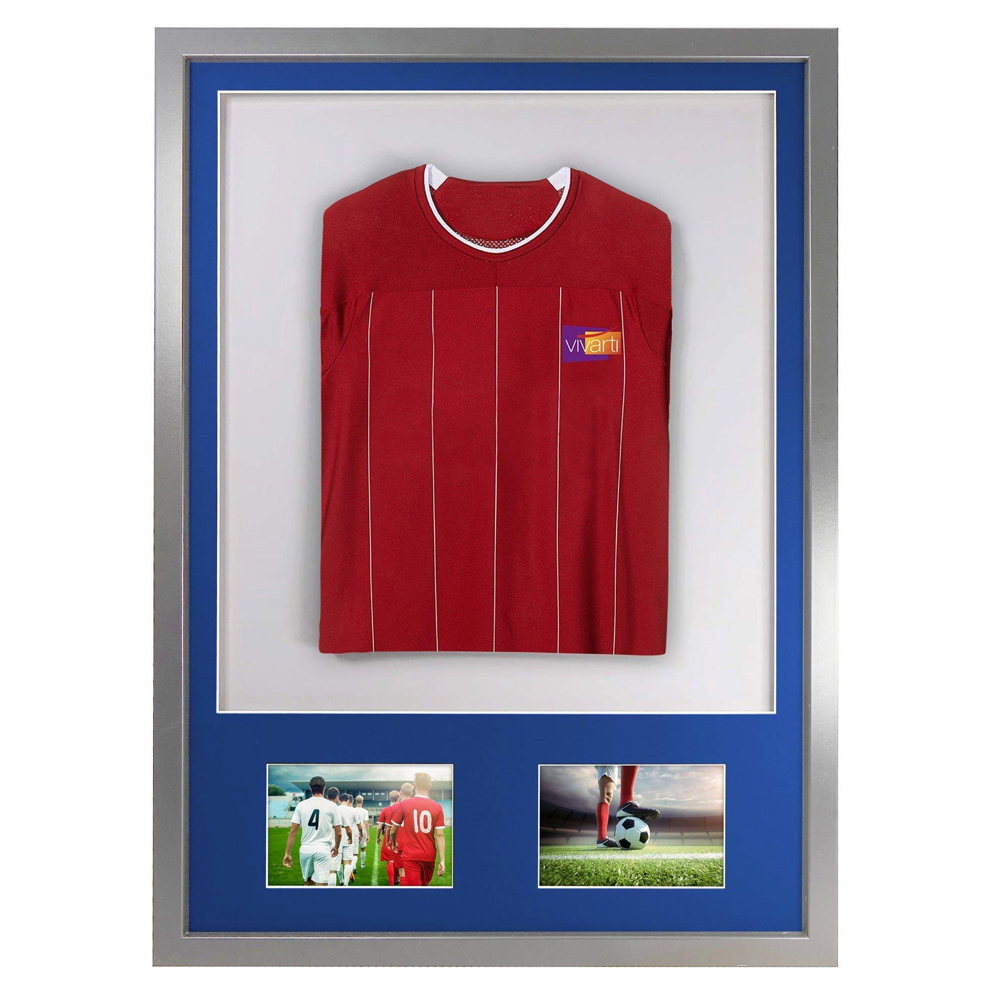 3D + Double Aperture Mounted Sports Shirt Display Frame with Silver Frame and Blue Mount 50 x 70cm - image 1