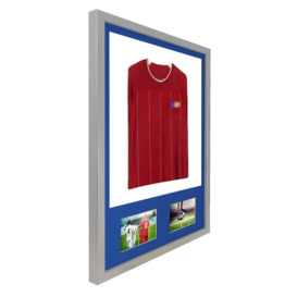 3D + Double Aperture Mounted Sports Shirt Display Frame with Silver Frame and Blue Mount 50 x 70cm - thumbnail 3