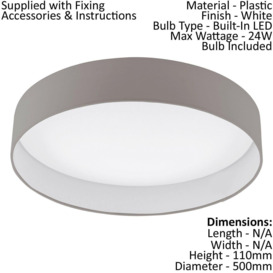 Flush Ceiling Light Colour White Shade Taupe Fabric Bulb LED 24W Included - thumbnail 2