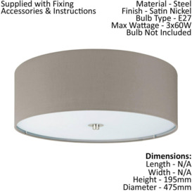 Flush Ceiling Light Colour Satin Nickel Shade Taupe Fabric Glass Bulb E27 3x60W - thumbnail 2