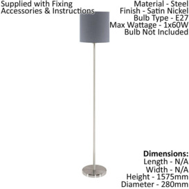 Floor Lamp Light Satin Nickel Shade Grey Fabric Pedal Switch Bulb E27 1x60W - thumbnail 2