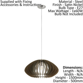 Pendant Ceiling Light Colour Satin Nickel Shade Dark Brown Wood Bulb E27 1x60W - thumbnail 2