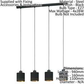 Pendant Ceiling Light Colour Black Shade Black Gold Fabric Bulb E27 4x28W - thumbnail 2