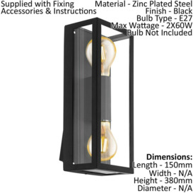 IP44 Outdoor Wall Light Black & Square Glass shade 2x 60W E27 Bulb Porch Lamp - thumbnail 2