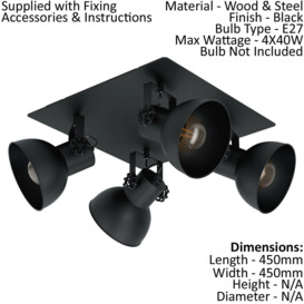 Adjustable 4 Bulb Ceiling Spotlight Black Industrial Steel Shade 40W E27 - thumbnail 2