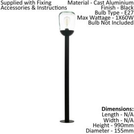 IP44 Outdoor Bollard Light Black Aluminium & Glass 1 x 60W E27 Bulb Lamp Post - thumbnail 2