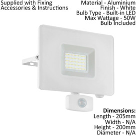 IP44 Outdoor Flood Light & PIR Sensor White Aluminium 50W Built in LED - thumbnail 2