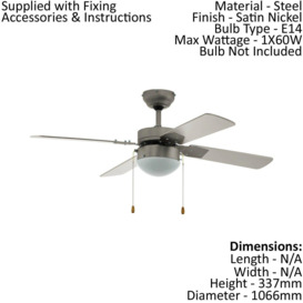 Remote Control Ceiling Fan & Light Satin Nickel & White Shade 1 x 60W E14 Bulb - thumbnail 2