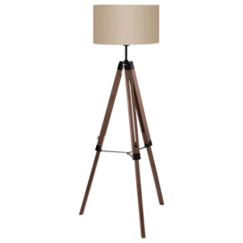 Tripod Floor Lamp Light Wood Leg & Taupe Fabric Shade 1 x 60W E27 Bulb