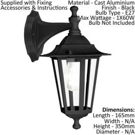 IP44 Outdoor Wall Light Black Aluminium Lantern 1 x 60W E27 Bulb Porch Lamp - thumbnail 2