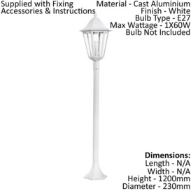 IP44 Outdoor Bollard Light White Aluminium Lantern 1 x 60W E27 Tall Lamp Post - thumbnail 2