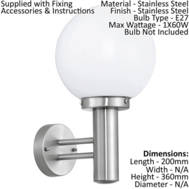 IP44 Outdoor Wall Light Stainless Steel Orb Shade 1x 60W E27 Bulb Porch Lamp - thumbnail 2