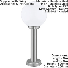 IP44 Outdoor Bollard Light Stainless Steel & Orb 1 x 60W E27 500mm Lamp Post - thumbnail 2