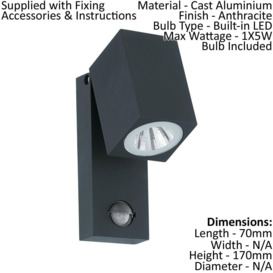 IP44 Outdoor Wall Light & PIR Sensor Anthracite Aluminium 5W Built in LED - thumbnail 2