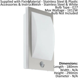 IP44 Outdoor Wall Light & PIR Sensor Stainless Steel & White 1 x 12W E27 Bulb - thumbnail 2