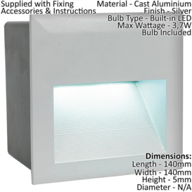 IP65 Recessed Outdoor Wall Light Silver Cast Aluminium 3.7W Built in LED - thumbnail 2
