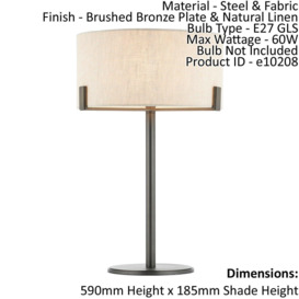 Table Lamp Brushed Bronze Plate & Natural Linen 60W E27 GLS Base & Shade - thumbnail 2