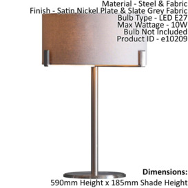 Table Lamp Satin Nickel Plate & Slate Grey Fabric 10W LED E27 Base & Shade - thumbnail 2