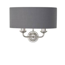 Wall Light - Bright Nickel Plate & Charcoal Fabric - 2 x 40W E14 - Dimmable - thumbnail 1