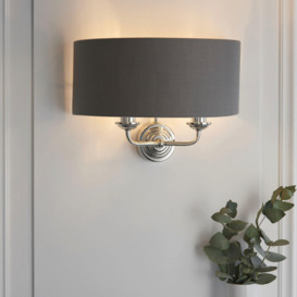 Wall Light - Bright Nickel Plate & Charcoal Fabric - 2 x 40W E14 - Dimmable - thumbnail 3