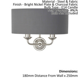 Wall Light - Bright Nickel Plate & Charcoal Fabric - 2 x 40W E14 - Dimmable - thumbnail 2