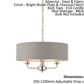 Ceiling Pendant Light - Bright Nickel & Charcoal Fabric - 3 x 40W E14 - e10231 - thumbnail 2